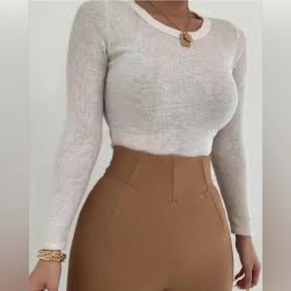 JLUXLABEL Brittney Ivory White Ribbed Long Sleeve Top Knit Thermal Tee Shirt - Picture 2 of 5